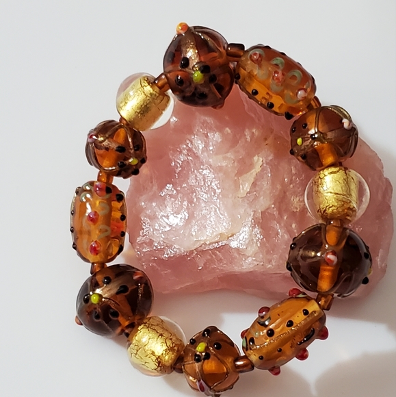 Vintage murano lampwork lamp beads venetian Italy bracelet amber gold foil beads - Picture 2 of 13